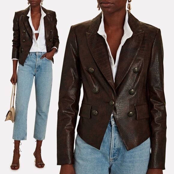 Veronica Beard Cooke Dickey Cropped Brown Faux Leather Jacket Blazer - Picture 1 of 16